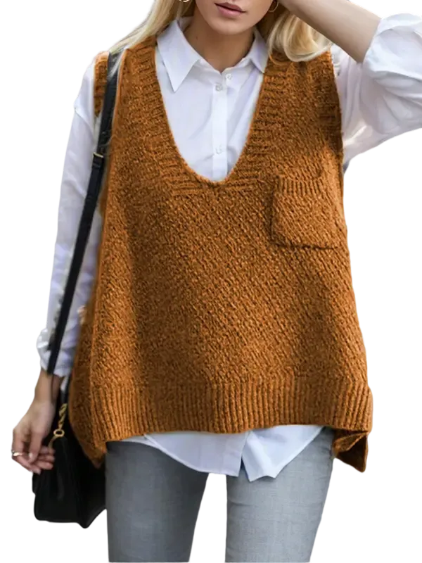 Women's Solid Pocket High Low Hem V Neck Sweater Vest