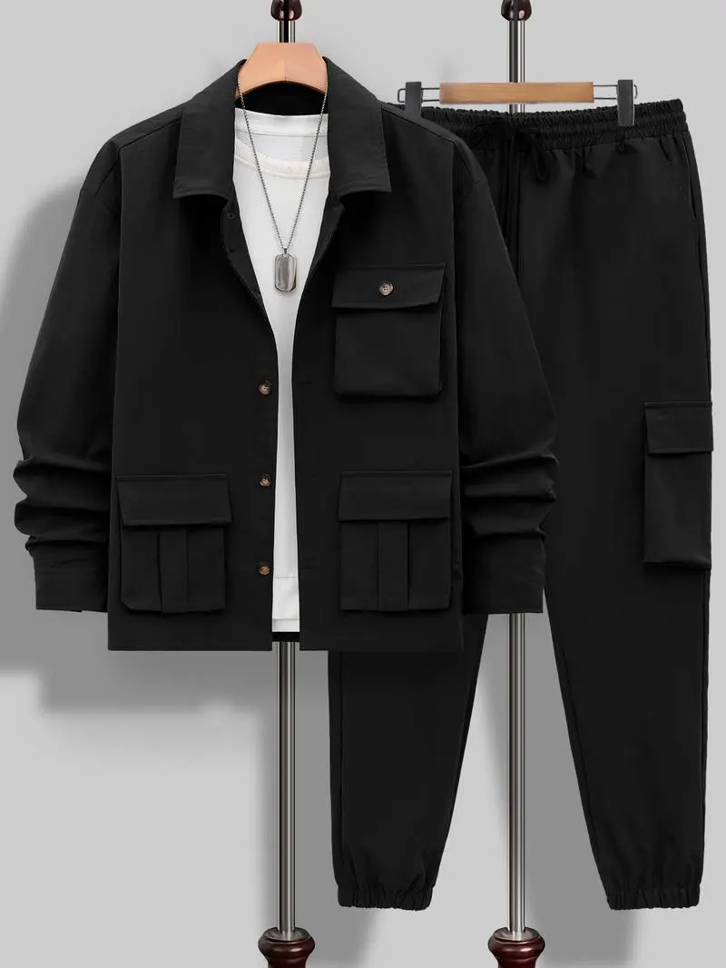 Men's Solid Color Pocket Button Front Jackets & Pants Two-Piece Set