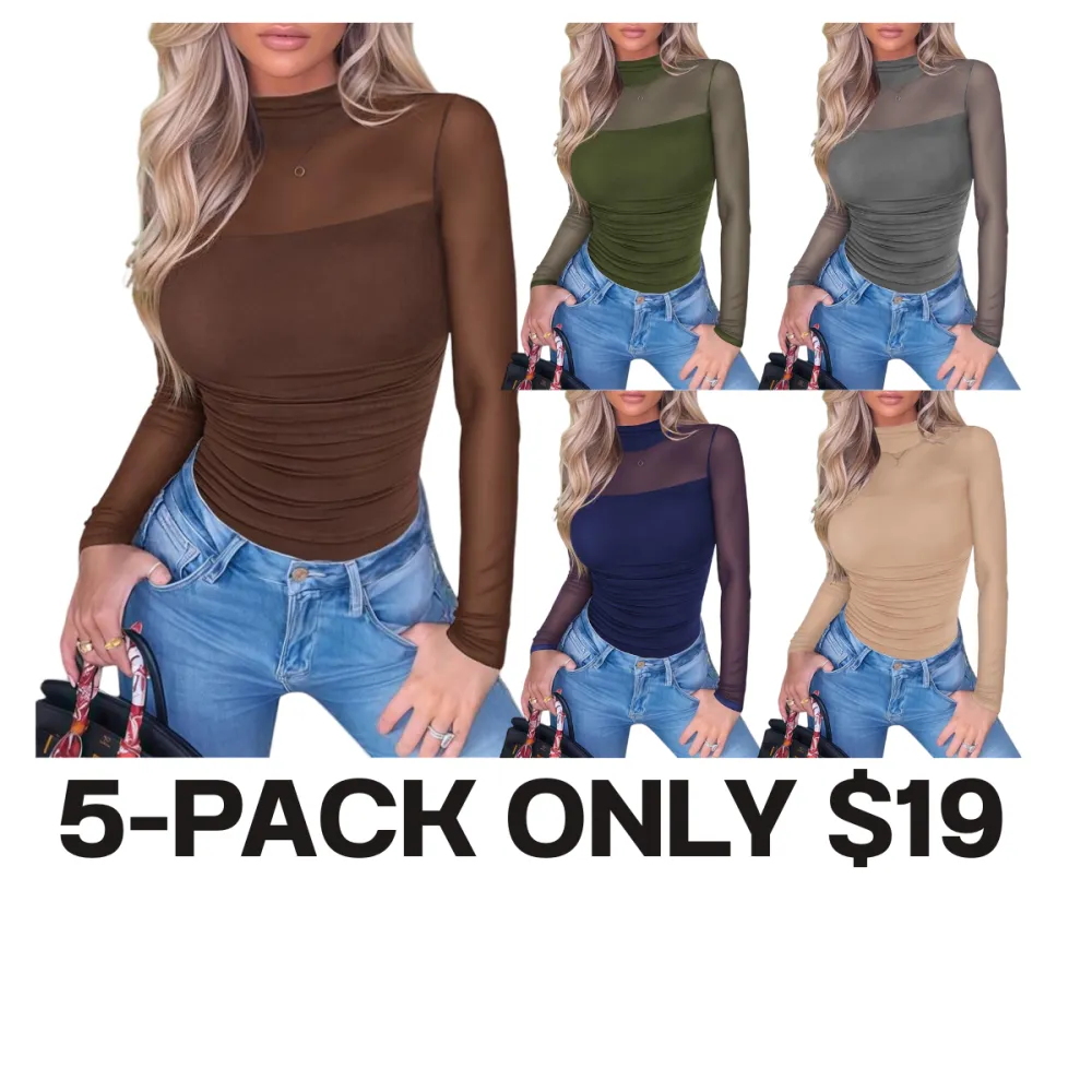 Women's Plain Round Neck Sheer Mesh Patchwork Long Sleeve Sexy Top