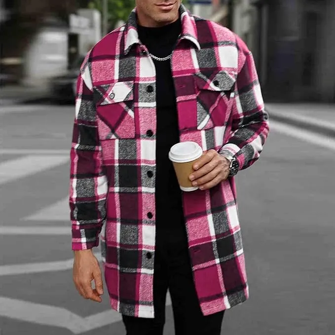 Men's Plaid Long Loose-Fit Coat