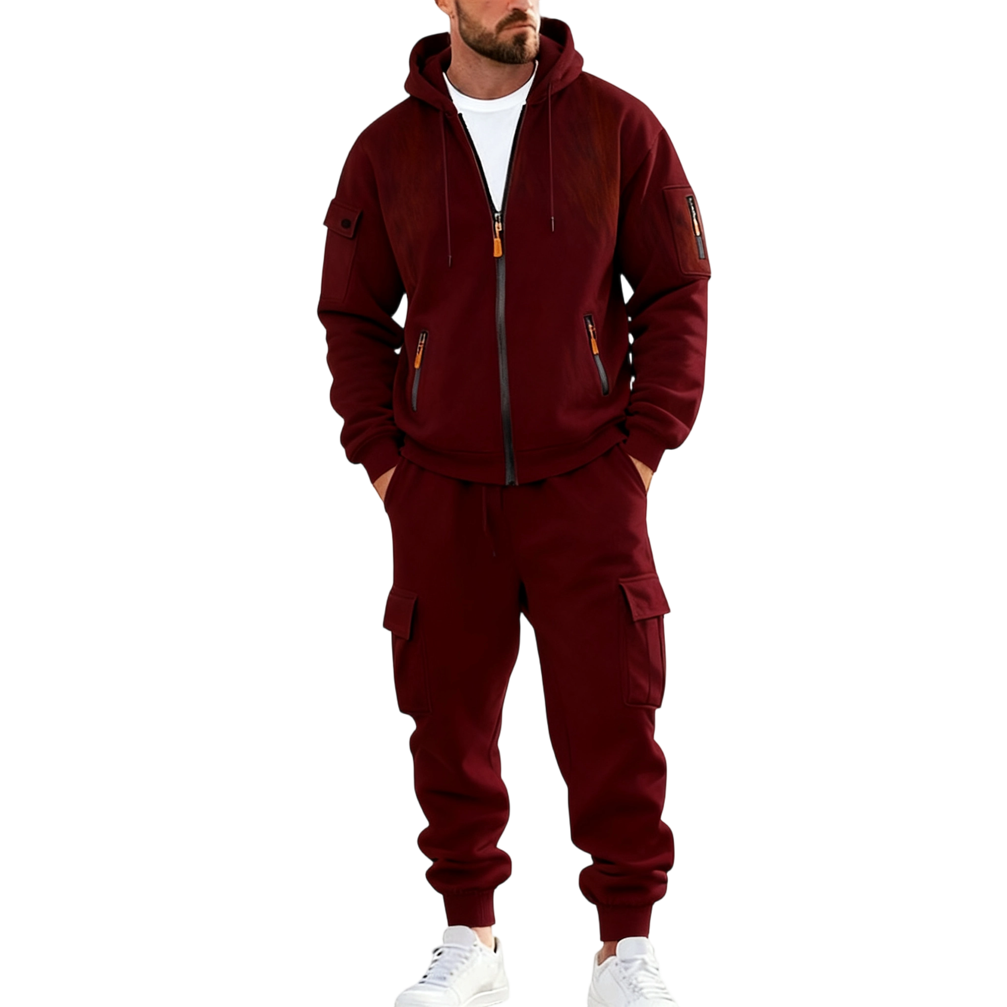 Men's Winter Fleece-Lined Hoodie & Drawstring Pants Set Warm Casual Long-Sleeve Top & Bottoms Multi-Pocket Design