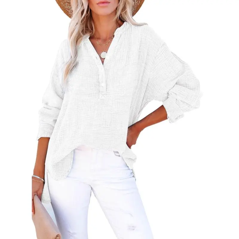Women's Casual Button V Neck Long Sleeve Shirts