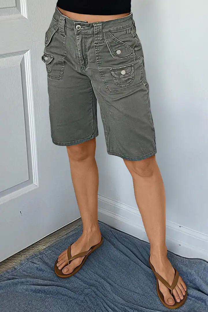 🔥Last Day Sale🔥Solid Stitch Detail Mid Waist Bermuda Shorts