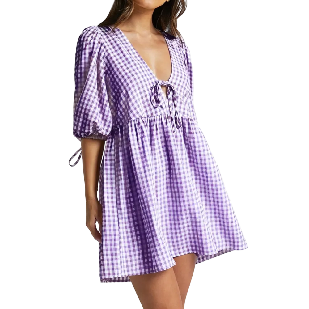 Women's Maternity Plaid Dress, Half Sleeve Bow Square Neck Loose Short Dress