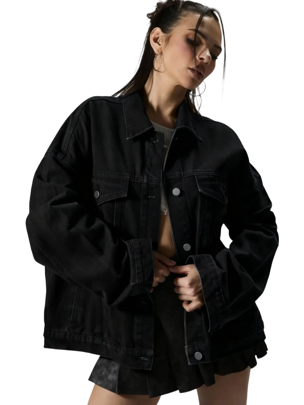 Women's Plain Button Front Drop Shoulder Denim Coat