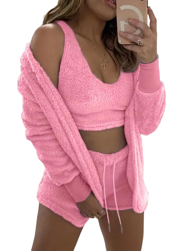 Women's 3-Piece Plush Pajama Set: Drop Shoulder Hoodie, Crop Top & Shorts