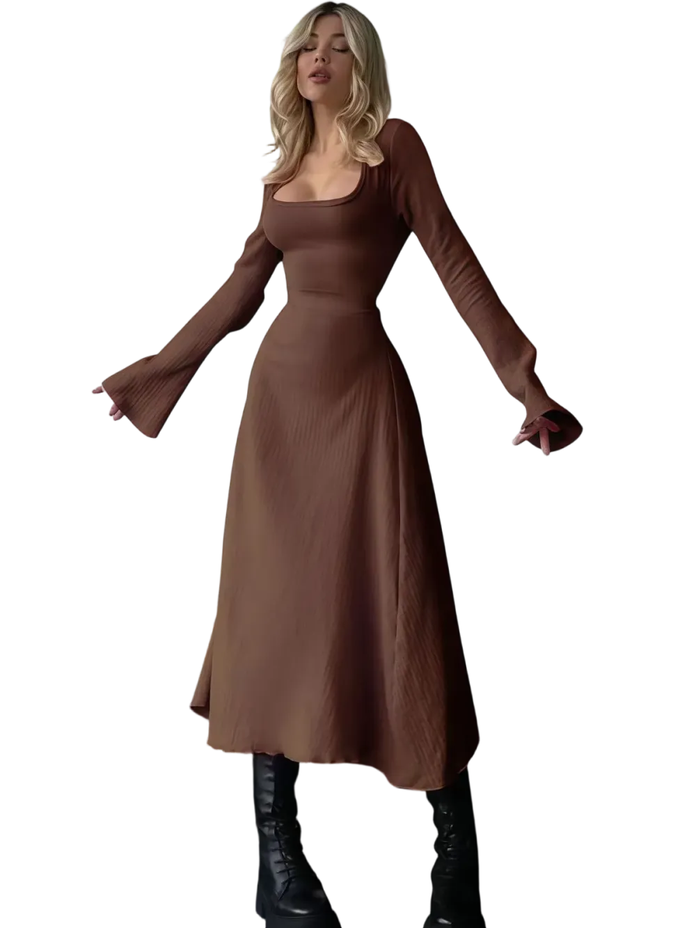 Women's Plain Lace Up Tie Back Flounce Sleeve Dress