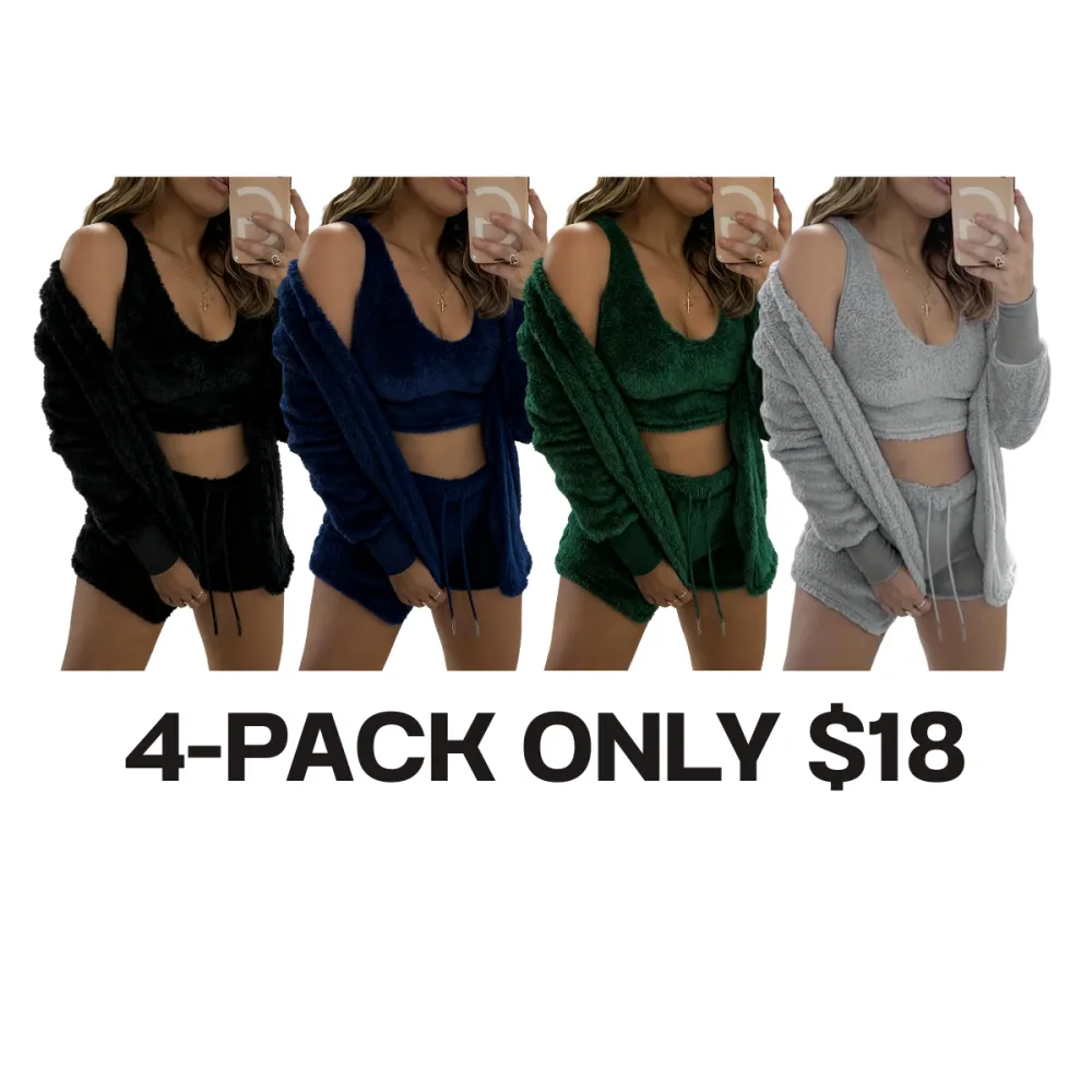 Women's 3-Piece Plush Pajama Set: Drop Shoulder Hoodie, Crop Top & Shorts