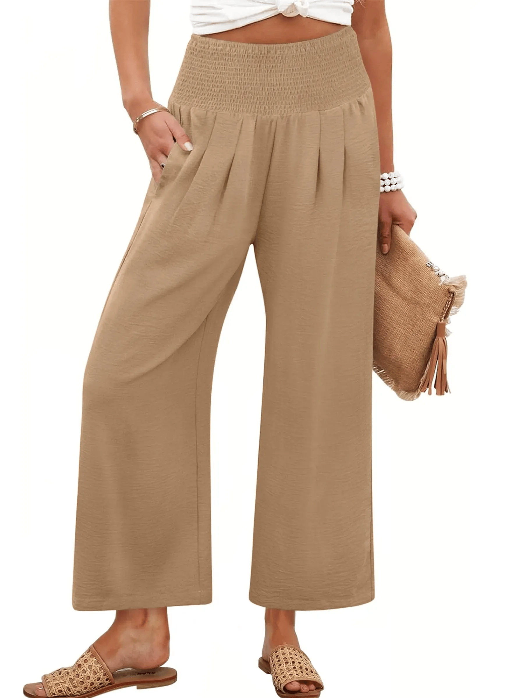 Women's Smocked Waist Wide Leg Palazzo Pants   Linen Trousers Solid Color Summer Pants Ladies Loose Fit Casual Wide Leg Pants with Pockets Lightweight Palazzo Long Pants Casual Beach Holiday