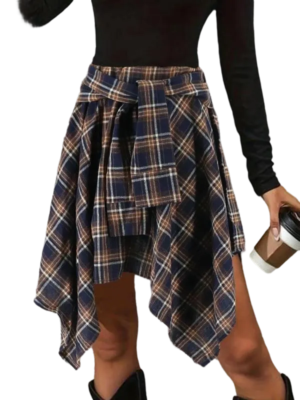 Women's Fashion Plaid Print Asymmetrical Hem High Waisted Skirt