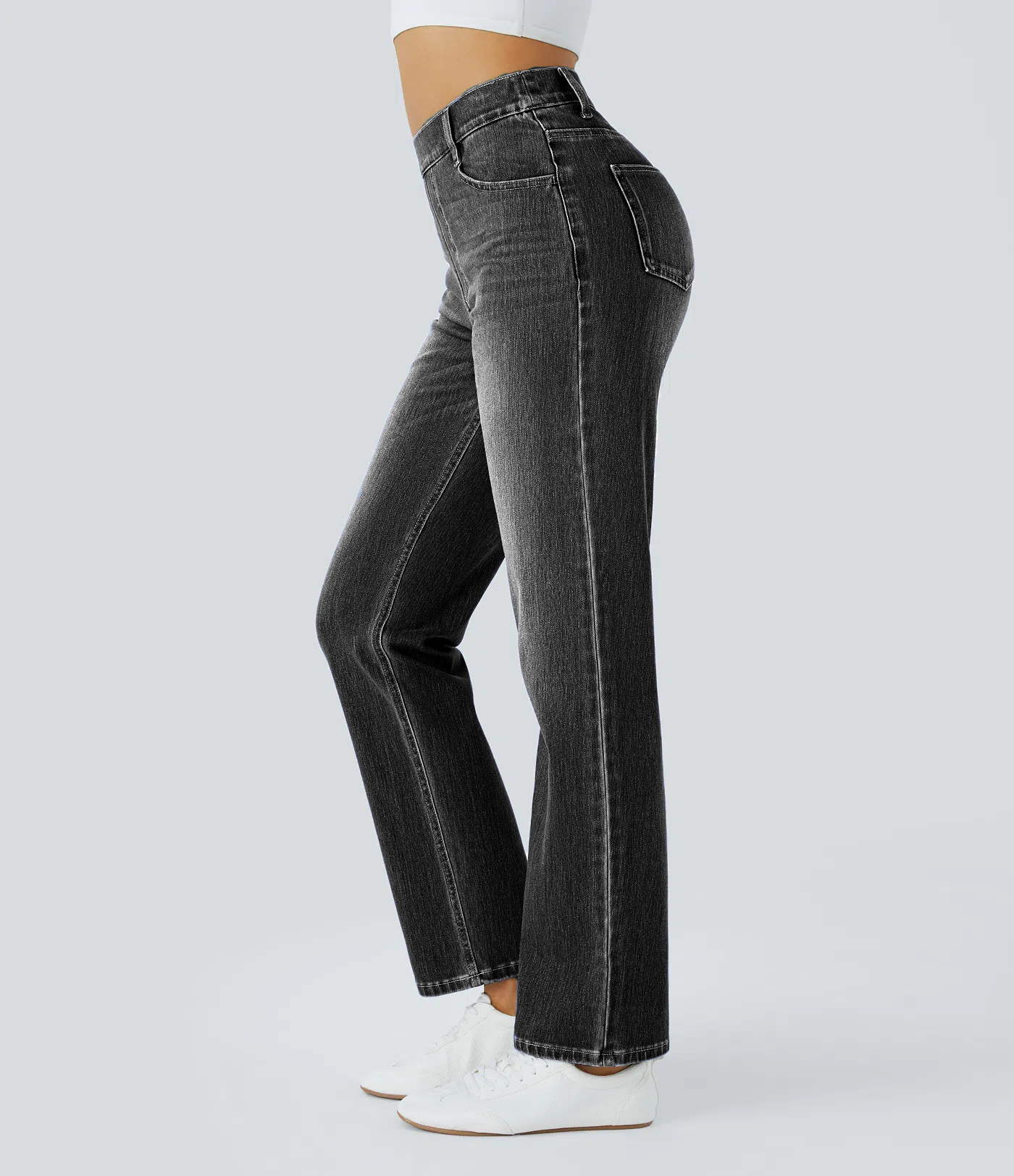 High Waisted Multiple Pockets Straight Leg Washed Stretchy Knit Casual Jeans