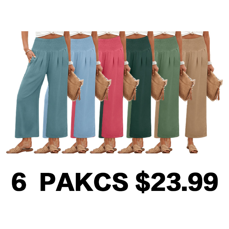 Women's Smocked Waist Wide Leg Palazzo Pants   Linen Trousers Solid Color Summer Pants Ladies Loose Fit Casual Wide Leg Pants with Pockets Lightweight Palazzo Long Pants Casual Beach Holiday