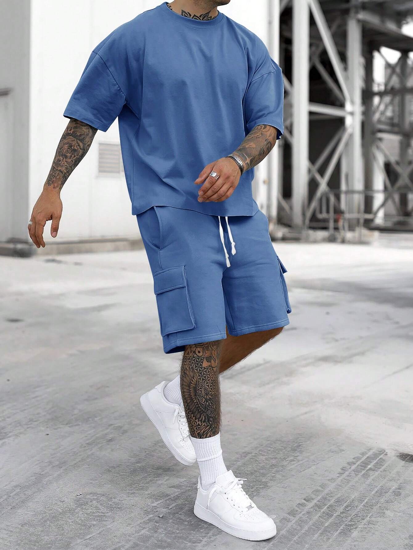 [S-6XL] Men's Solid Tee & Cargo Shorts Set