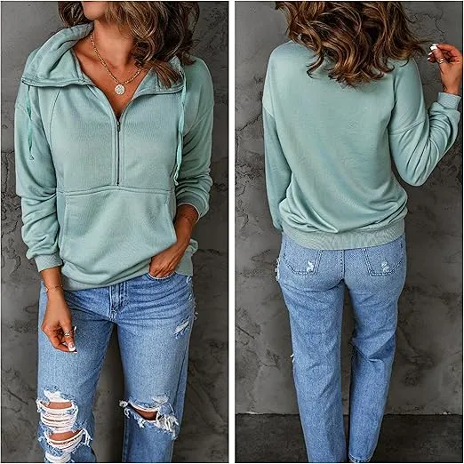 Women’s Soft Long Sleeve Drawstring Pullover Casual Loose Sweatshirt With Zipper