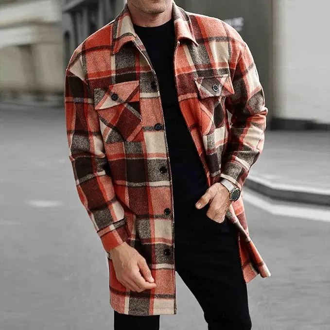 Men's Plaid Long Loose-Fit Coat
