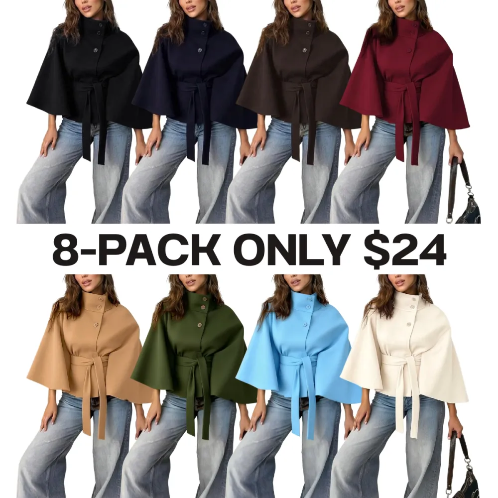 Women's Plain Front Buckle Belted Woolen Cape Coat