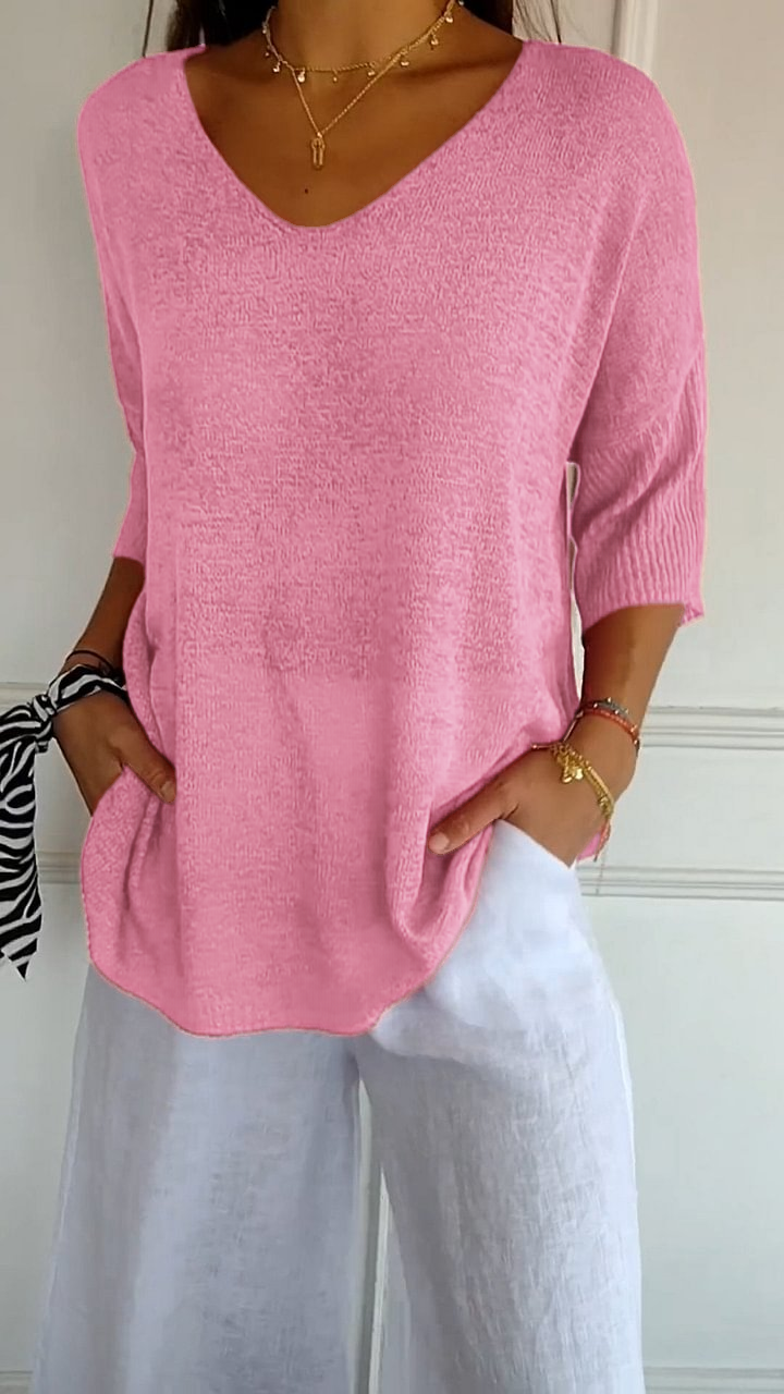 Solid Color Knitted V-neck Top