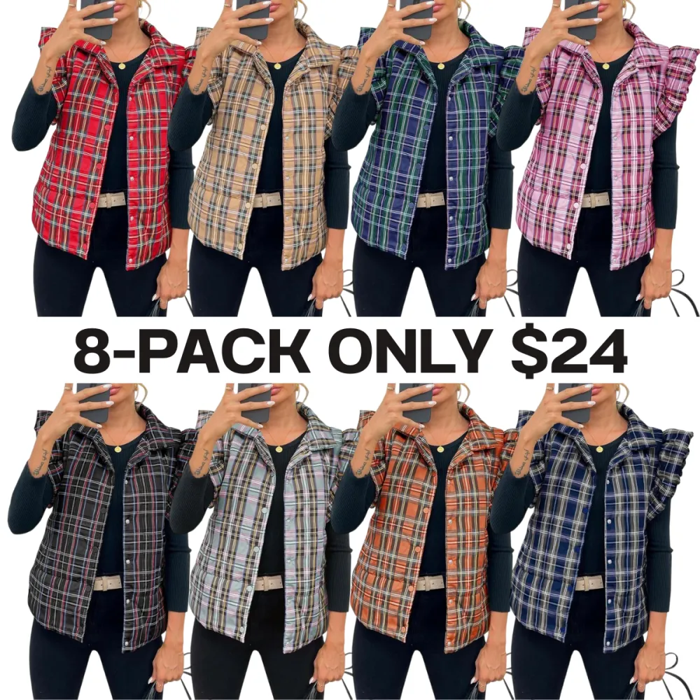 Women's Plaid Ruffle Trim Quilted Vest