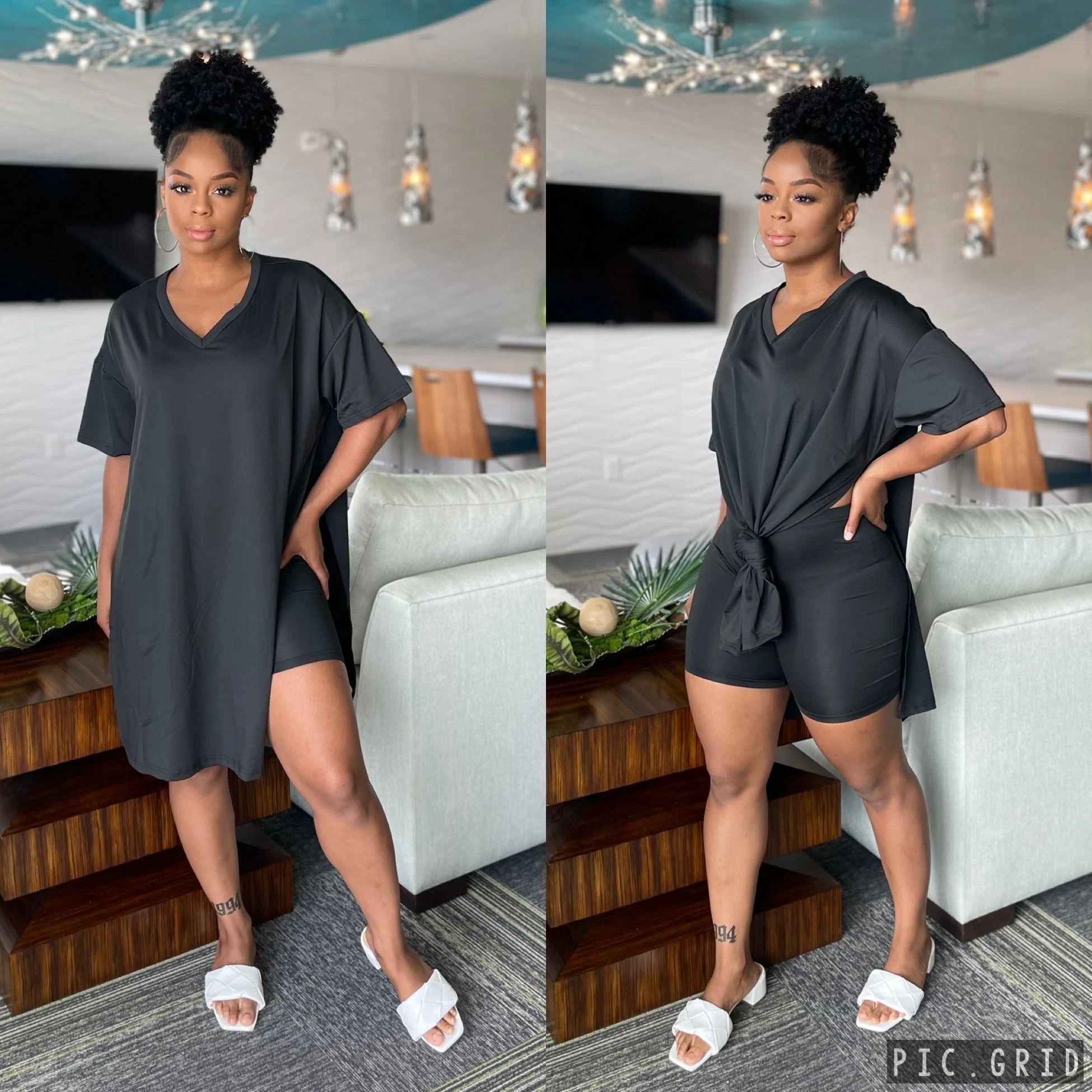 Women's 2-Piece Lounge Set Casual Oversized V-Neck Tops and High Waisted Shorts Set