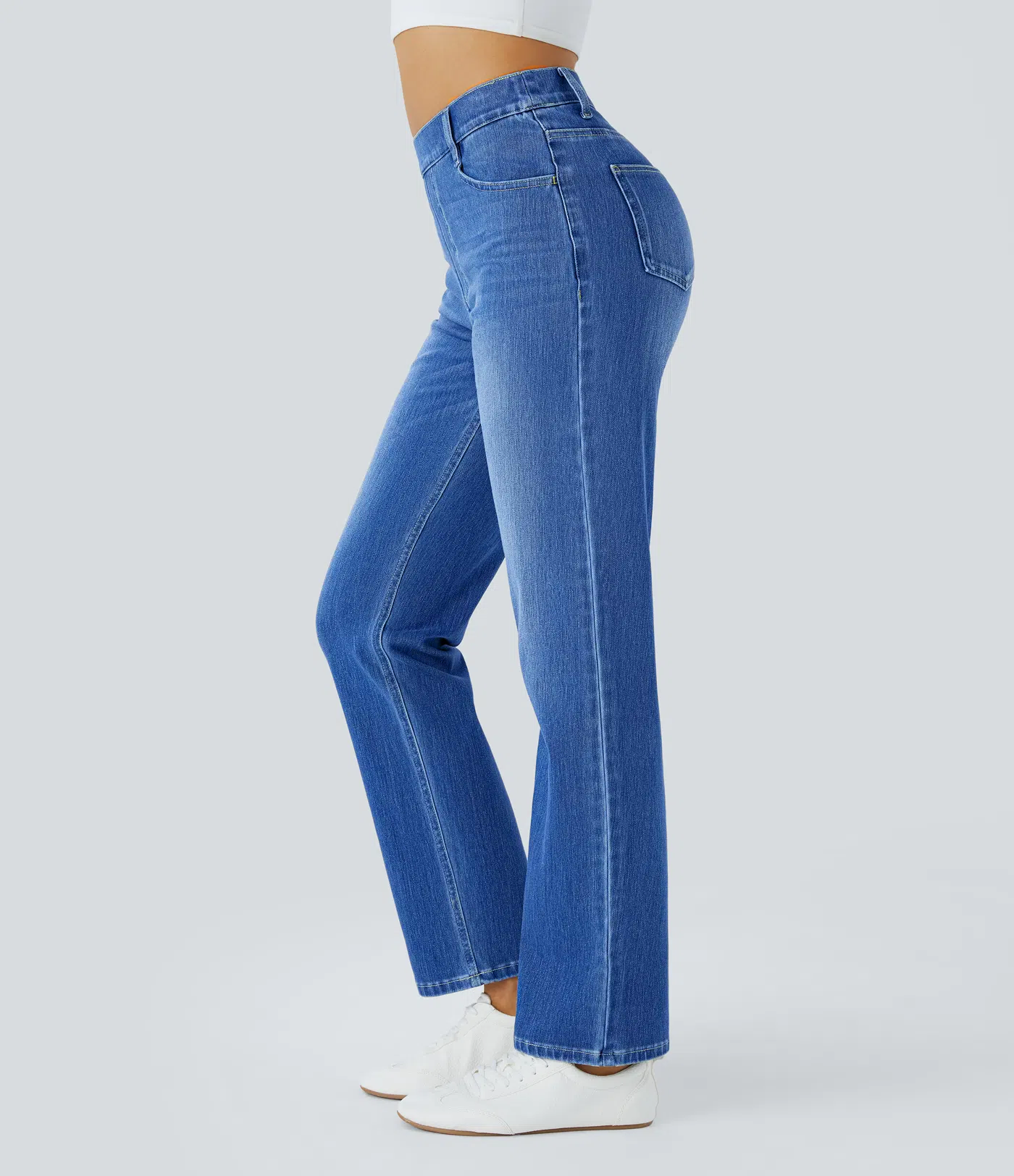 High Waisted Multiple Pockets Straight Leg Washed Stretchy Knit Casual Jeans