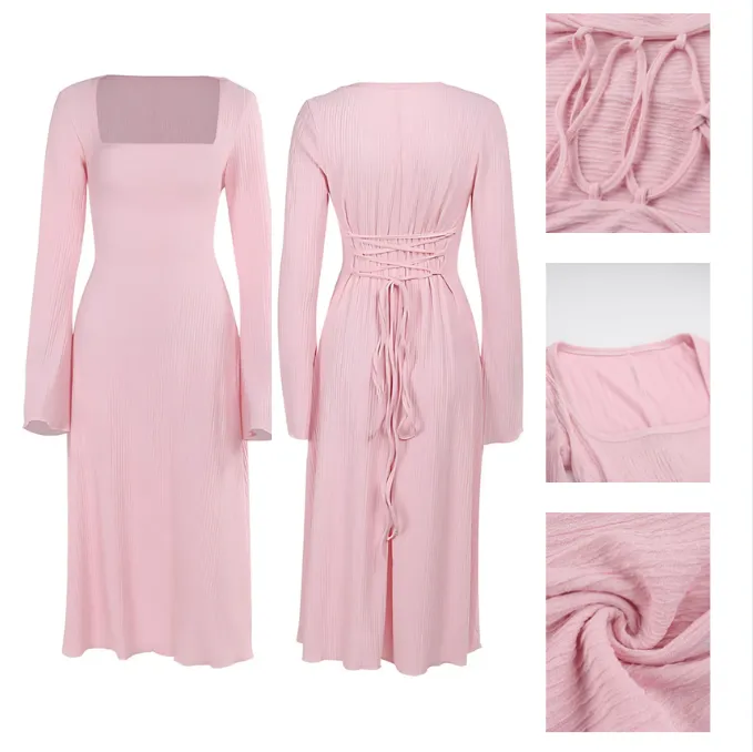 Women's Plain Lace Up Tie Back Flounce Sleeve Dress