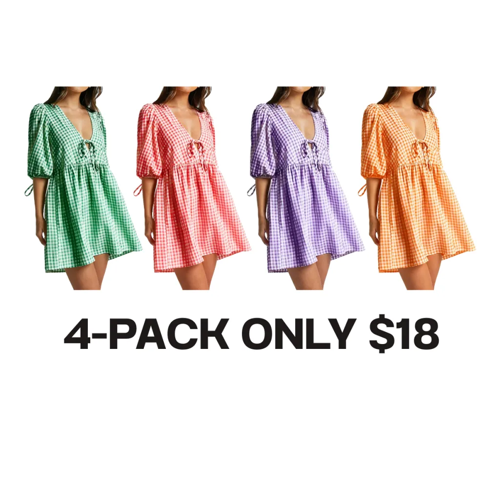 Women's Maternity Plaid Dress, Half Sleeve Bow Square Neck Loose Short Dress