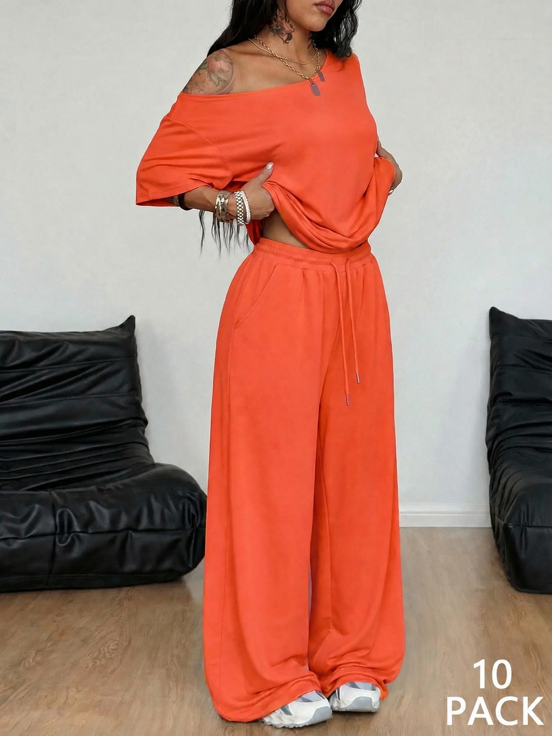 Orange off-shoulder wide-leg pants set, 10-pack bundle