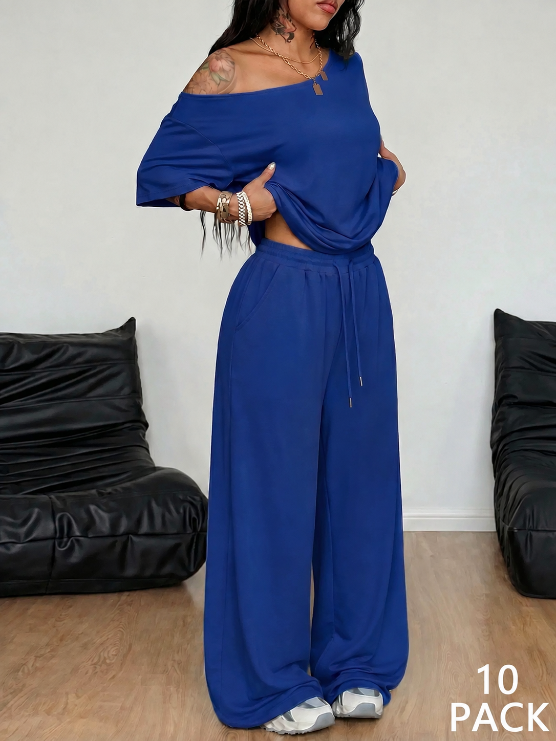 Dark blue off-shoulder wide-leg pants set, 10-pack bundle