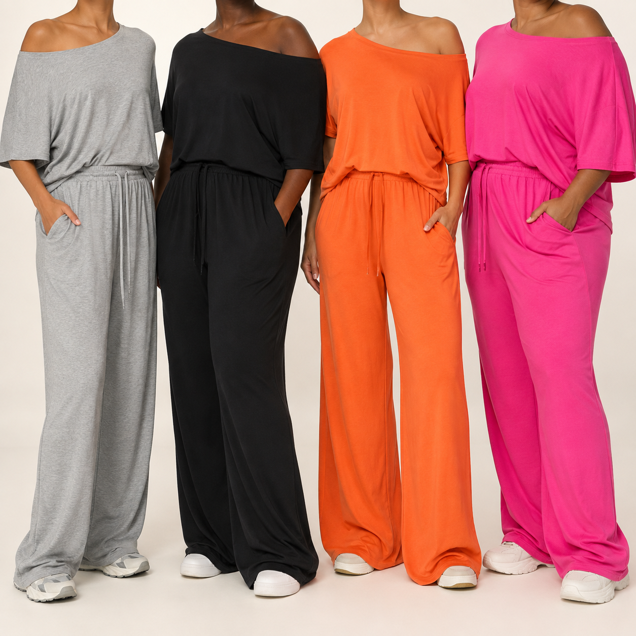 Four body types in off-shoulder wide-leg sets, all cropped below the head