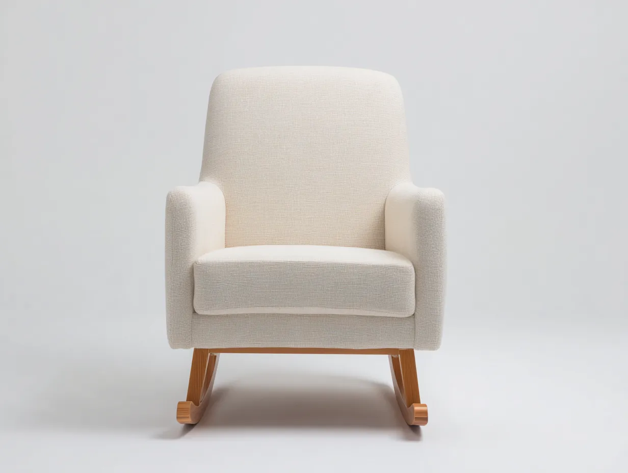 Fauteuil à bascule salon 74×84×94 cm – tissu blanc et bois naturel – style minimaliste confort-Dosolvaroom