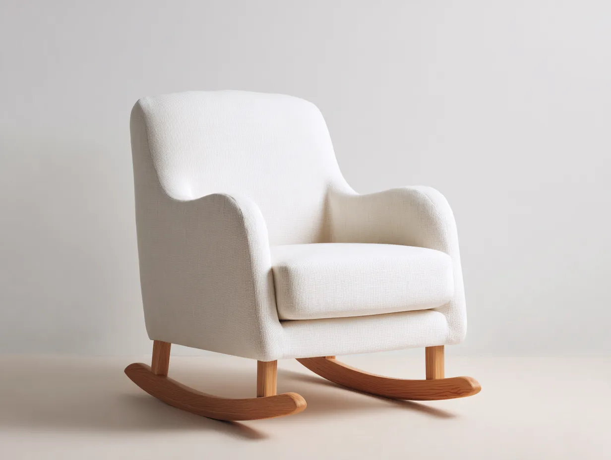 Fauteuil à bascule salon 80×90×96 cm – tissu blanc et bois naturel – style contemporain relaxation-Dosolvaroom