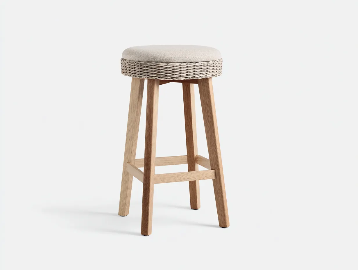Tabouret de bar 45×45×75 cm - tissu beige et bois naturel - assise tressée pour balcon-Saronohaus