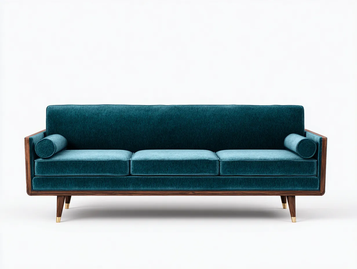 Canapé 3 places 220×86×82 cm - tissu bleu foncé et bois marron - design rétro pour salon-Saronohaus
