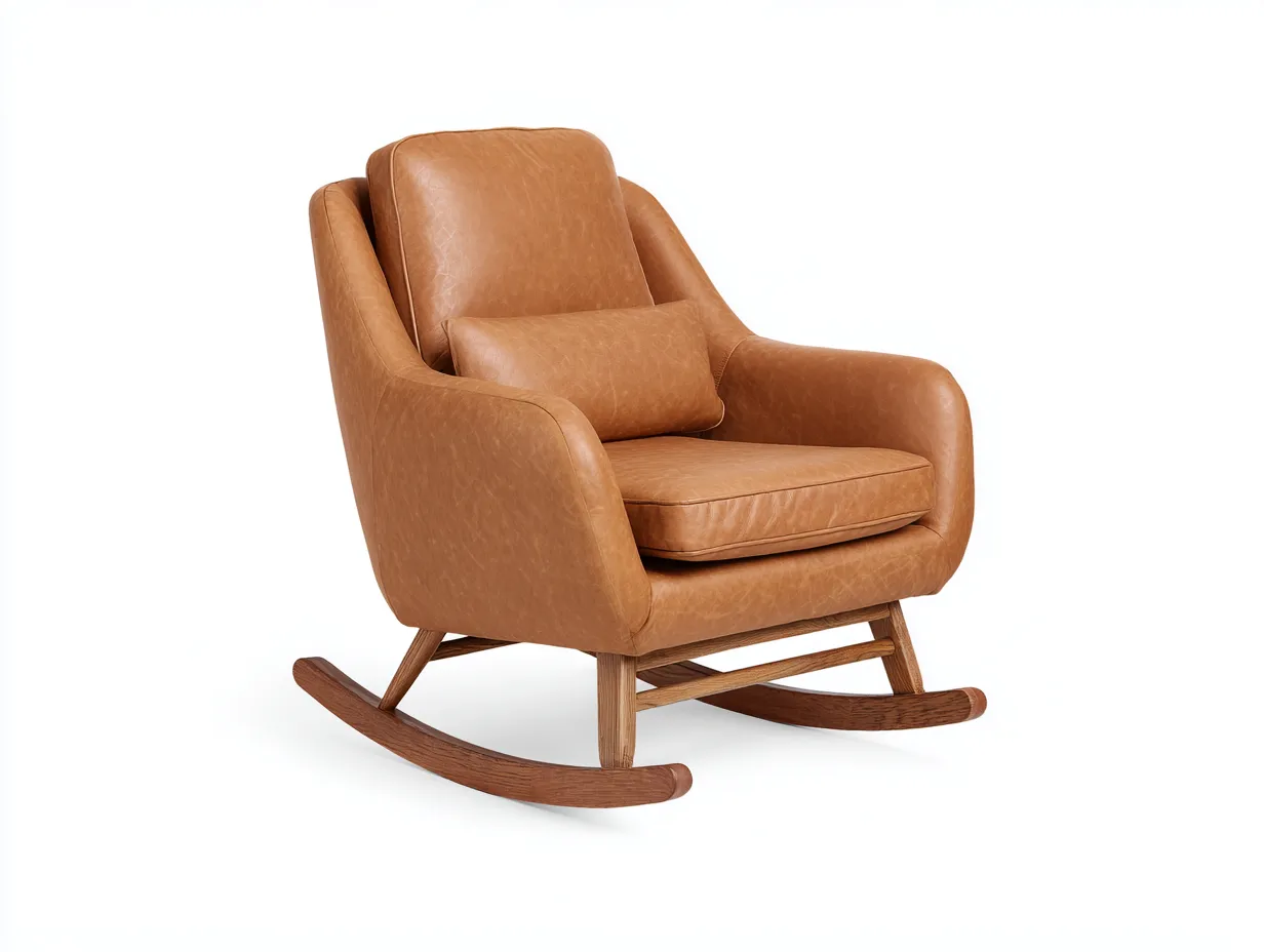 Fauteuil à bascule en revêtement effet cuir et bois 79×96×104 cm - marron clair et bois clair - style rétro pour salon-Kaluxmohome