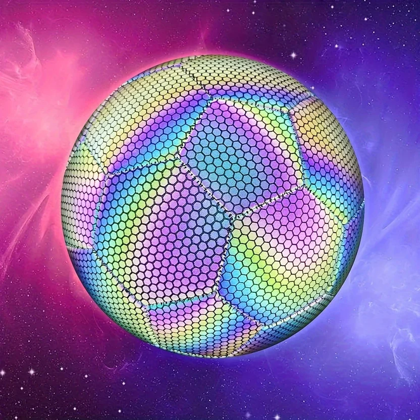 Reflective Holographic Soccer Ball Size 5 - Luminous PU Leather for Flash Photos & Videos (Pump Included)