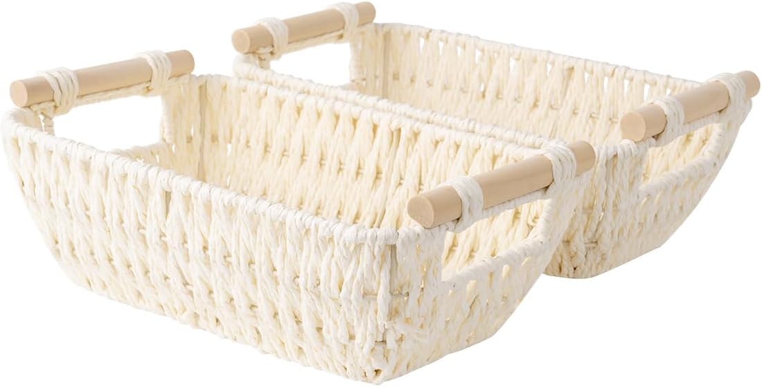 Hand-Woven Large Storage Baskets with Wooden Handles, Water Hyacinth Wicker Baskets for Organizing