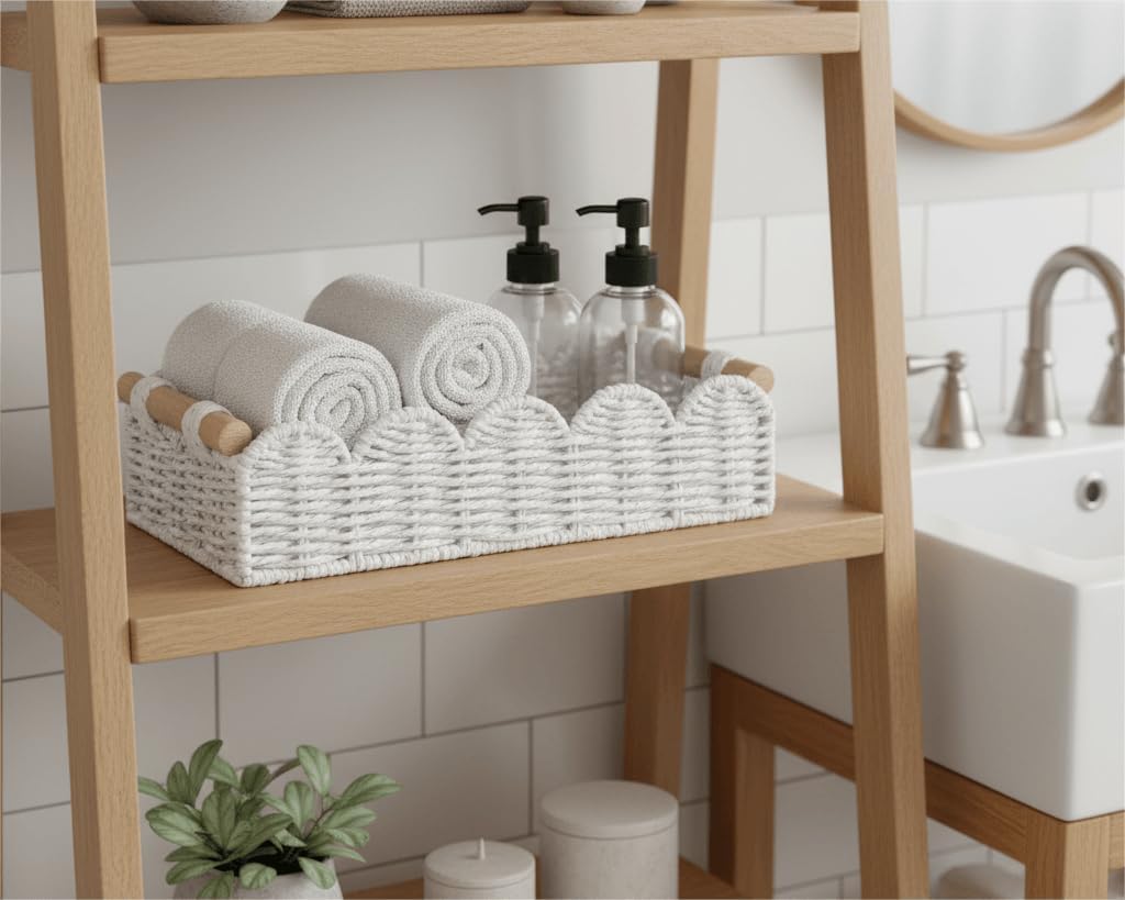 Scalloped Edge Toilet Paper Storage Basket, Living Room Home Cozy Decor Basket, Paper Rope Small Baskets for Over Toilet Storage Shelf, End Table, Shelves, with 2 Wooden Handles, Grey
