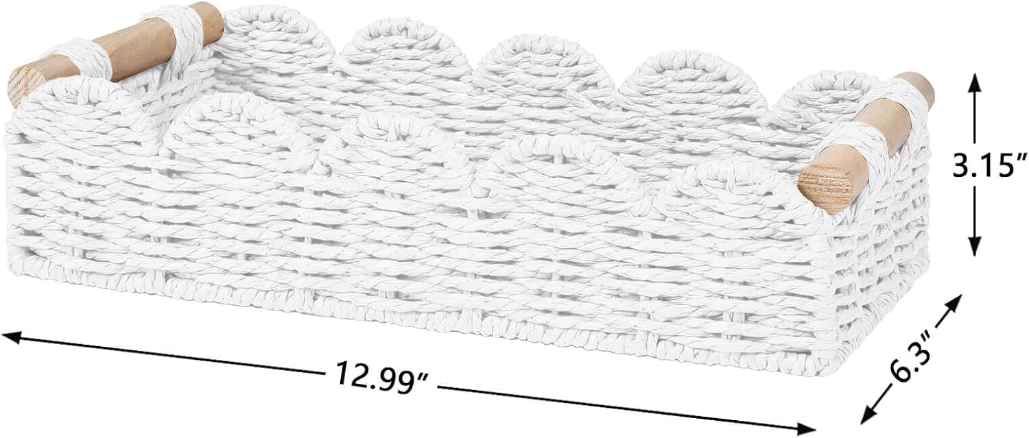 Scalloped Edge Toilet Paper Storage Basket, Living Room Home Cozy Decor Basket, Paper Rope Small Baskets for Over Toilet Storage Shelf, End Table, Shelves, with 2 Wooden Handles, Grey