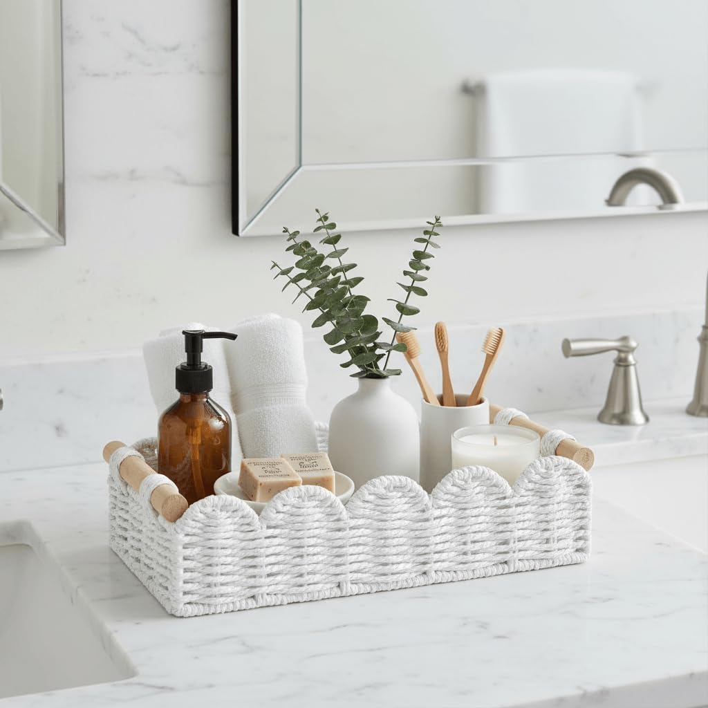 Scalloped Edge Toilet Paper Storage Basket, Living Room Home Cozy Decor Basket, Paper Rope Small Baskets for Over Toilet Storage Shelf, End Table, Shelves, with 2 Wooden Handles, Grey