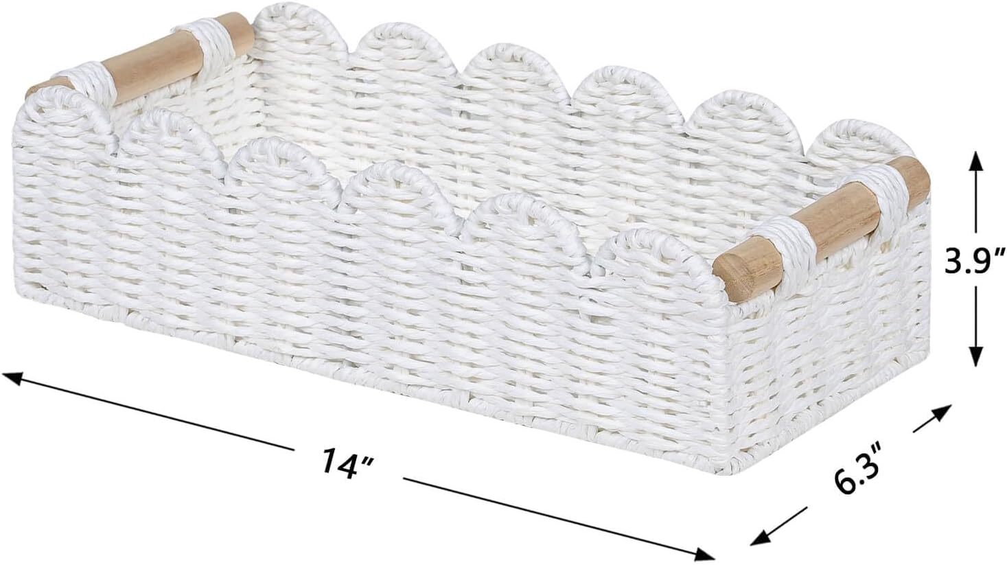 Scalloped Edge Toilet Paper Storage Basket, Living Room Home Cozy Decor Basket, Paper Rope Small Baskets for Over Toilet Storage Shelf, End Table, Shelves, with 2 Wooden Handles, Grey