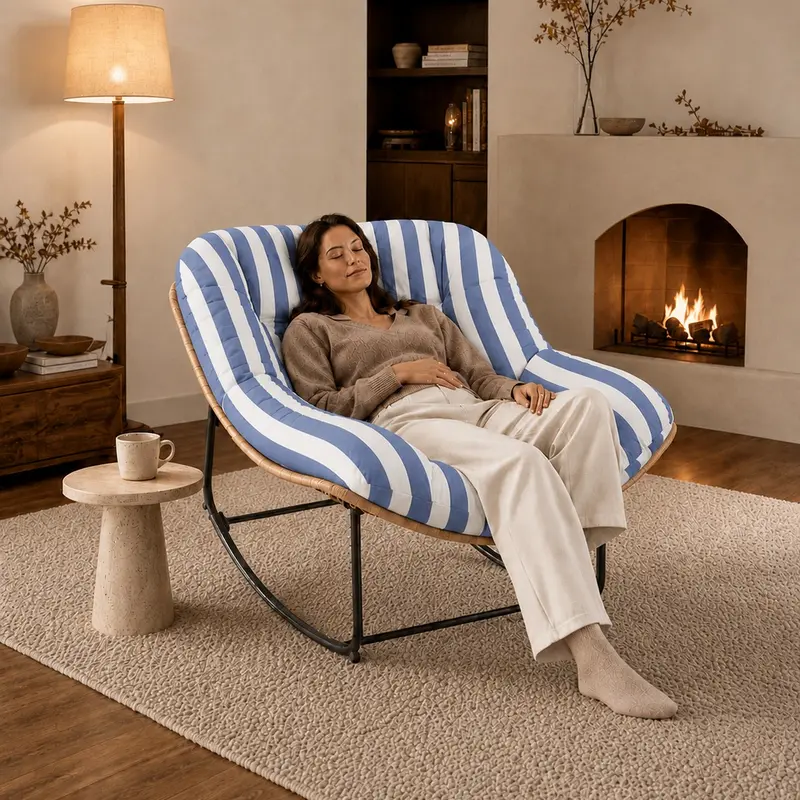Oversized Indoor Outdoor Rocking Chairs, Comfy Papasan Rocking Chair with Padded Cushion, Rattan Wicker Lounge Chair, Modern Reading Accent Chair for Balcony Garden, LivingRoom Furniture,Christmas Gift