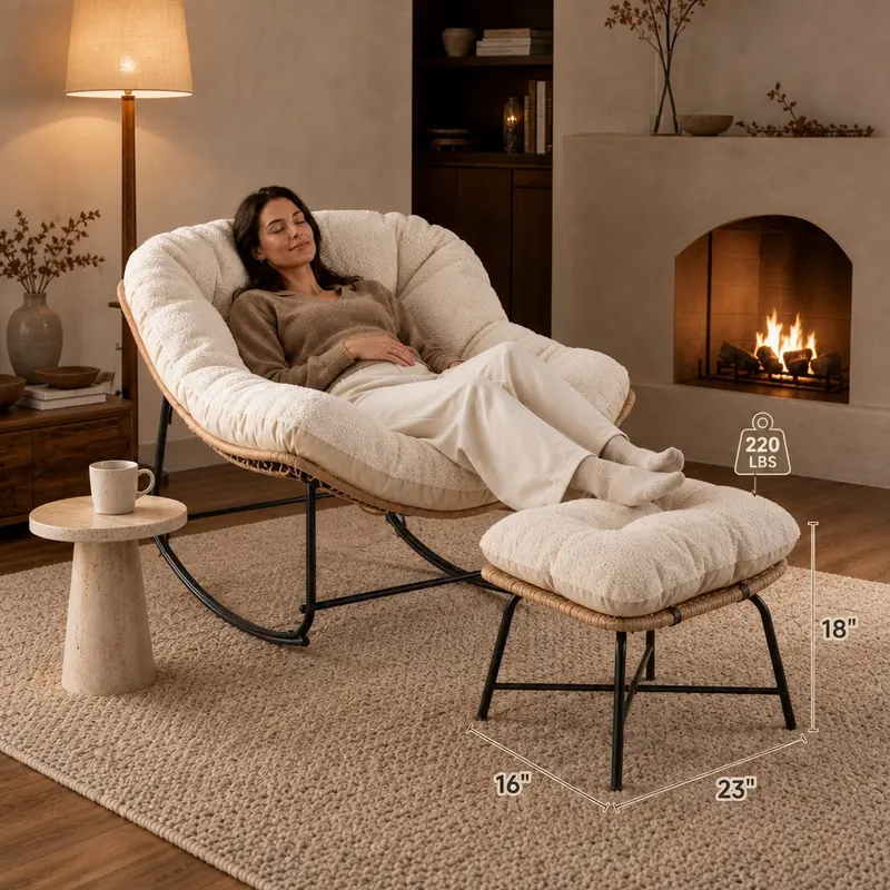 Oversized Indoor Outdoor Rocking Chairs, Comfy Papasan Rocking Chair with Padded Cushion, Rattan Wicker Lounge Chair, Modern Reading Accent Chair for Balcony Garden, LivingRoom Furniture,Christmas Gift