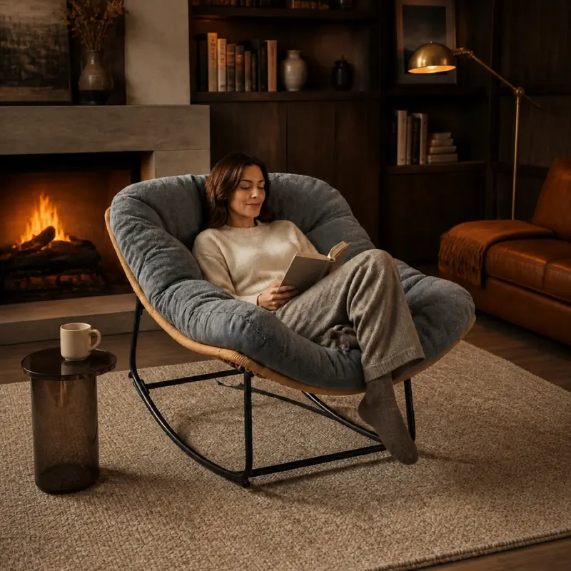 Oversized Indoor Outdoor Rocking Chairs, Comfy Papasan Rocking Chair with Padded Cushion, Rattan Wicker Lounge Chair, Modern Reading Accent Chair for Balcony Garden, LivingRoom Furniture,Christmas Gift
