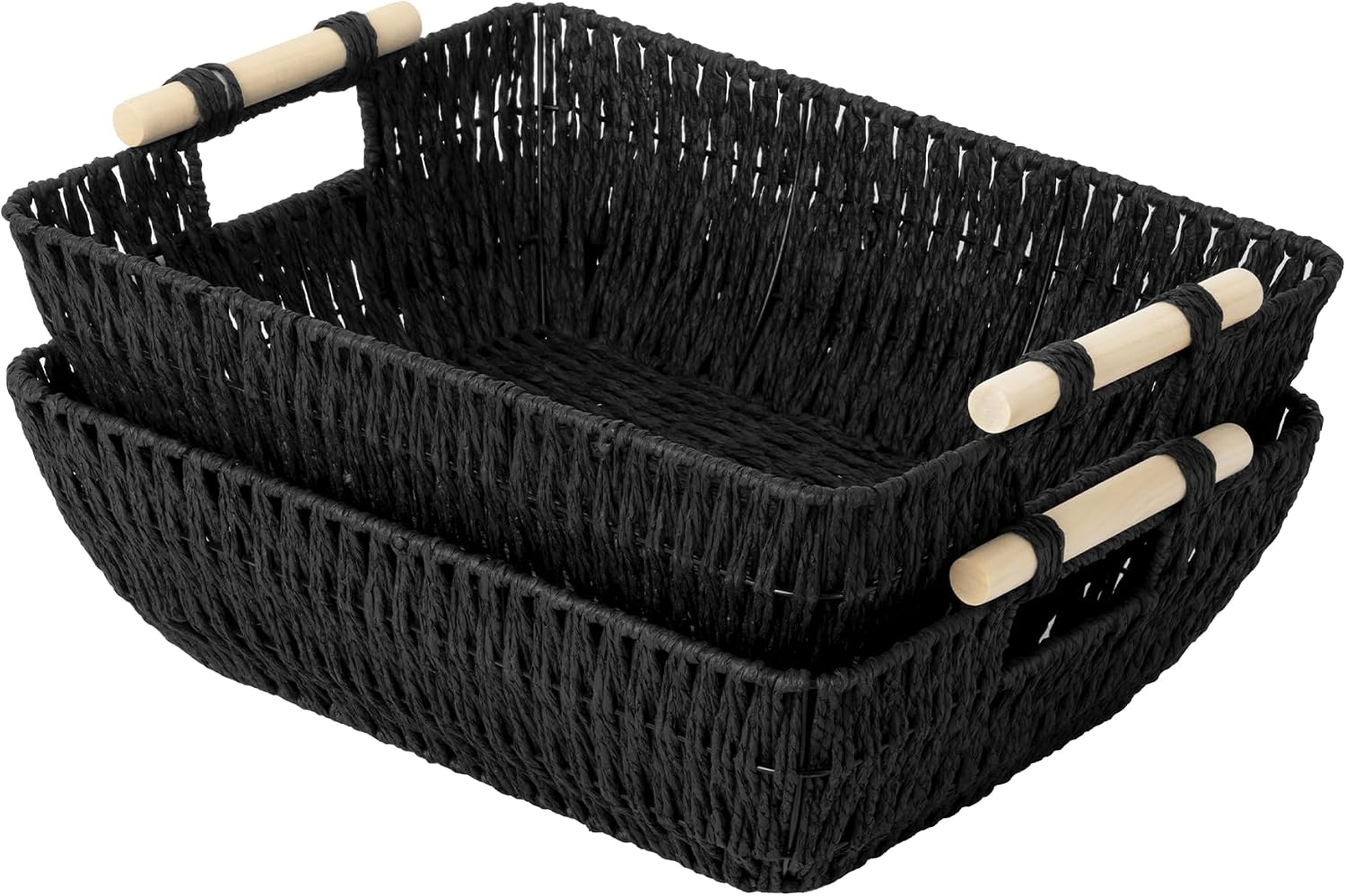 Hand-Woven Large Storage Baskets with Wooden Handles, Water Hyacinth Wicker Baskets for Organizing