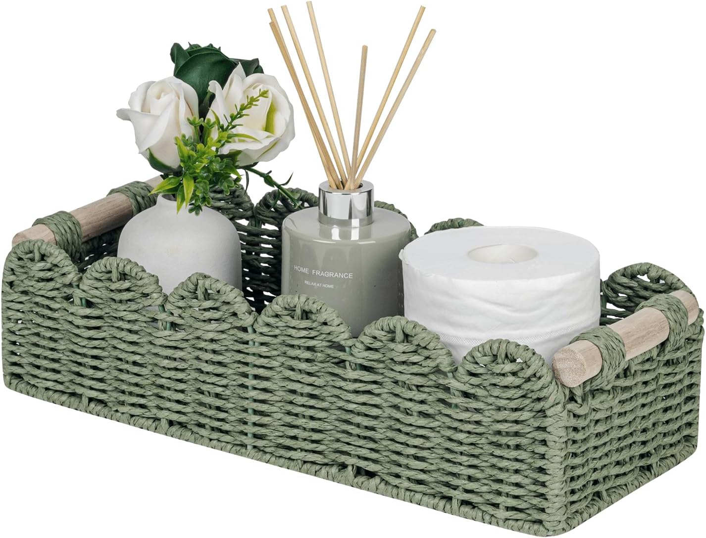 Scalloped Edge Toilet Paper Storage Basket, Living Room Home Cozy Decor Basket, Paper Rope Small Baskets for Over Toilet Storage Shelf, End Table, Shelves, with 2 Wooden Handles, Grey