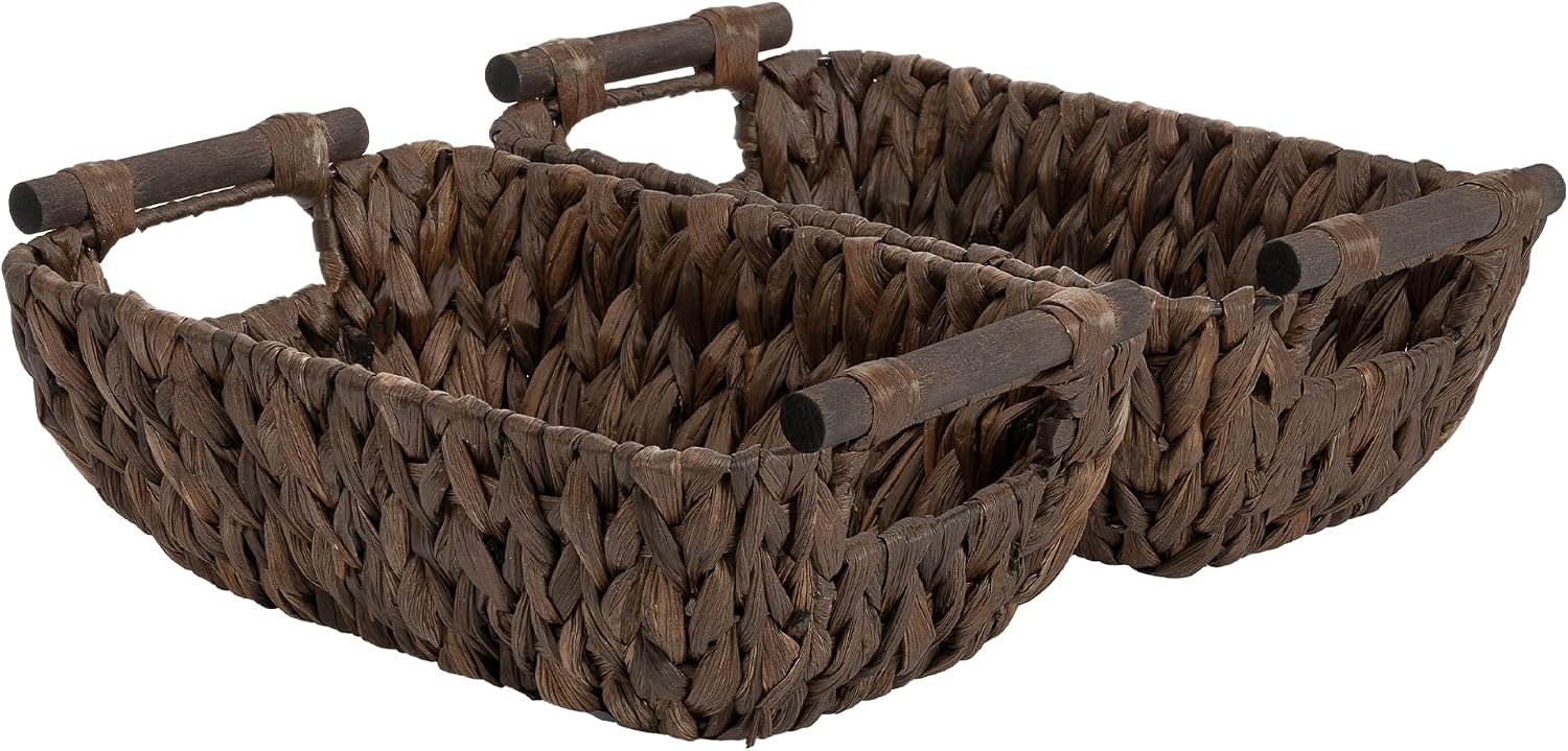 Hand-Woven Large Storage Baskets with Wooden Handles, Water Hyacinth Wicker Baskets for Organizing