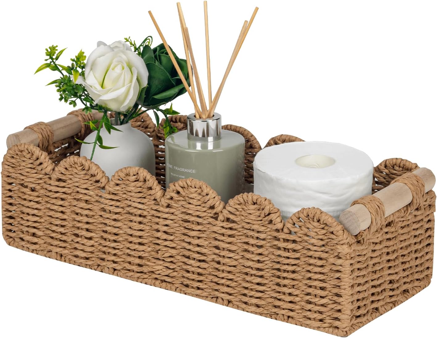 Scalloped Edge Toilet Paper Storage Basket, Living Room Home Cozy Decor Basket, Paper Rope Small Baskets for Over Toilet Storage Shelf, End Table, Shelves, with 2 Wooden Handles, Grey