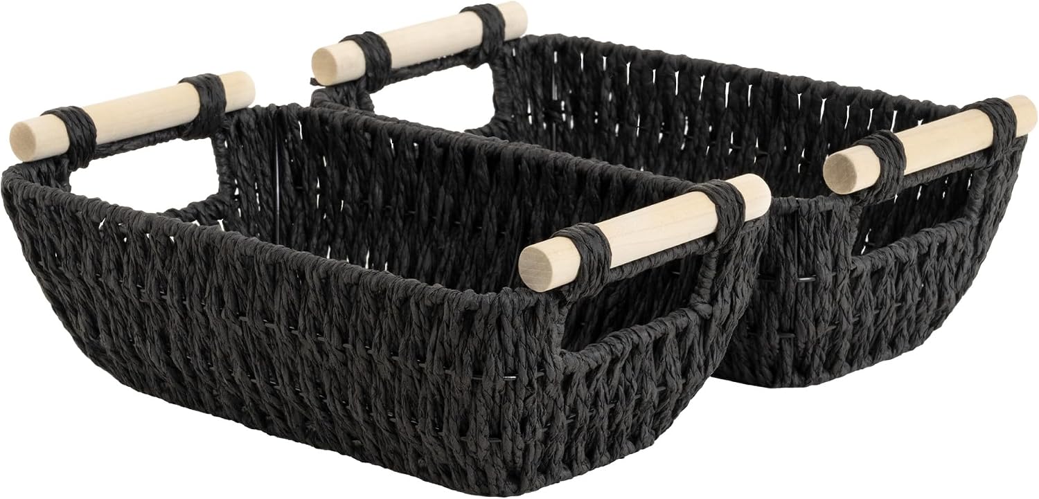Hand-Woven Large Storage Baskets with Wooden Handles, Water Hyacinth Wicker Baskets for Organizing