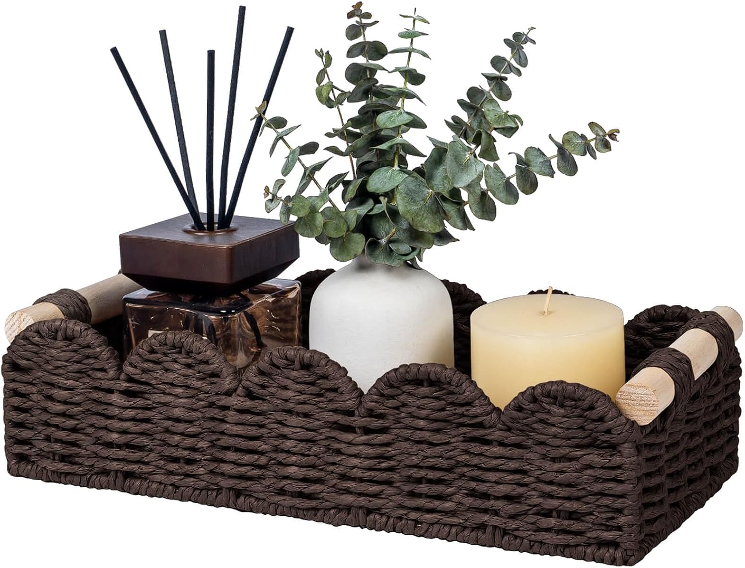 Scalloped Edge Toilet Paper Storage Basket, Living Room Home Cozy Decor Basket, Paper Rope Small Baskets for Over Toilet Storage Shelf, End Table, Shelves, with 2 Wooden Handles, Grey