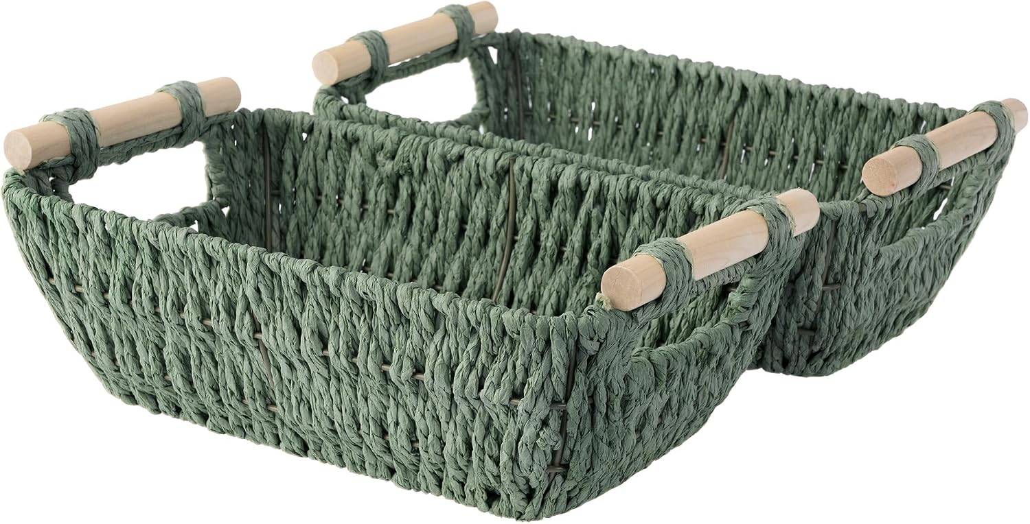 Hand-Woven Large Storage Baskets with Wooden Handles, Water Hyacinth Wicker Baskets for Organizing